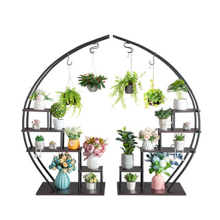 2pcs, 5-layer Semi-circular Iron Wood Black Iron Flower Rack