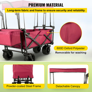 VEVOR Extra Large Collapsible Garden Cart With Removable Canopy, Folding Wagon Utility Carts With Wheels And Rear Storage, Wagon Cart For Garden, Camping, Grocery Cart, Shopping Cart, Red