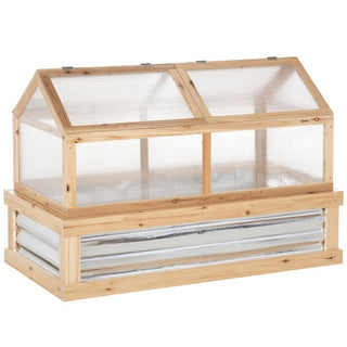 Outsunny Raised Garden Bed With Polycarbonate Greenhouse, Wooden Garden Cold Frame Greenhouse, Flower Planter Protection, 48 X 24 X 32, Natural