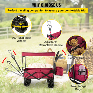 VEVOR Extra Large Collapsible Garden Cart With Removable Canopy, Folding Wagon Utility Carts With Wheels And Rear Storage, Wagon Cart For Garden, Camping, Grocery Cart, Shopping Cart, Red