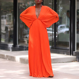 Plus Size Women's Summer V-Neck Bat Sleeves Loose Casual Pleated Dress