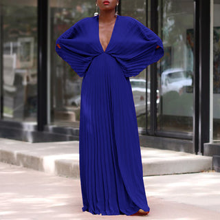 Plus Size Women's Summer V-Neck Bat Sleeves Loose Casual Pleated Dress