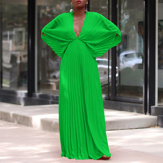 Plus Size Women's Summer V-Neck Bat Sleeves Loose Casual Pleated Dress