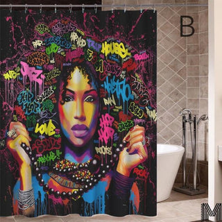 Art Design Graffiti Art Hip Hop African Girl with Black Hair Big Earring with Modern Building Shower Curtain for Bathroom Decor - Thomas Family Essentials LLC