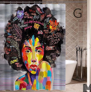 Art Design Graffiti Art Hip Hop African Girl with Black Hair Big Earring with Modern Building Shower Curtain for Bathroom Decor - Thomas Family Essentials LLC