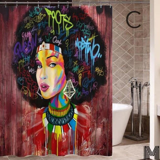 Art Design Graffiti Art Hip Hop African Girl with Black Hair Big Earring with Modern Building Shower Curtain for Bathroom Decor - Thomas Family Essentials LLC
