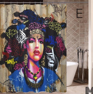 Art Design Graffiti Art Hip Hop African Girl with Black Hair Big Earring with Modern Building Shower Curtain for Bathroom Decor - Thomas Family Essentials LLC