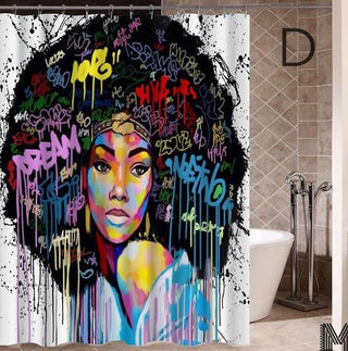 Art Design Graffiti Art Hip Hop African Girl with Black Hair Big Earring with Modern Building Shower Curtain for Bathroom Decor - Thomas Family Essentials LLC