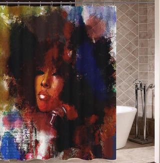 Art Design Graffiti Art Hip Hop African Girl with Black Hair Big Earring with Modern Building Shower Curtain for Bathroom Decor - Thomas Family Essentials LLC