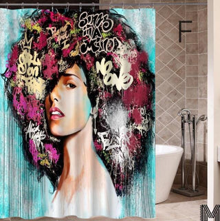 Art Design Graffiti Art Hip Hop African Girl with Black Hair Big Earring with Modern Building Shower Curtain for Bathroom Decor - Thomas Family Essentials LLC