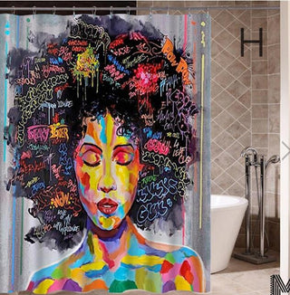 Art Design Graffiti Art Hip Hop African Girl with Black Hair Big Earring with Modern Building Shower Curtain for Bathroom Decor - Thomas Family Essentials LLC