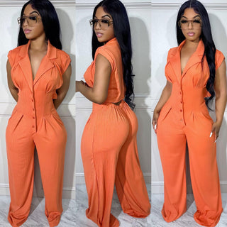 Button Elastic Short Sleeve Stand Collar Wide Leg Jumpsuit