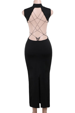 Black Celebrities Solid Patchwork Backless With Bow Half-A-Turtleneck Long-Dress - Thomas Family Essentials LLC