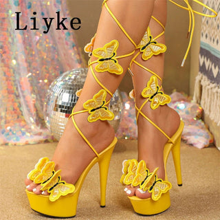 Liyke 2024 New Pink Yellow Cross Strap Platform Sandals Women Handmade Embroidery Butterfly Open Toe Elegant High Heels Shoes - Thomas Family Essentials LLC