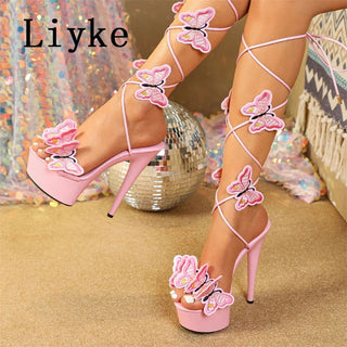 Liyke 2024 New Pink Yellow Cross Strap Platform Sandals Women Handmade Embroidery Butterfly Open Toe Elegant High Heels Shoes - Thomas Family Essentials LLC