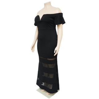 Sexy See-Through Fashion V Neck Short Flare Sleeves Plus Size Maxi Dress