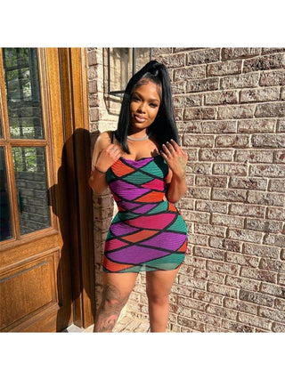 Stylish Spaghetti Straps  Contrast Color Hollow Out  Mini Dress