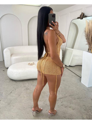 Hollow Out Halter Backless Shorts 3 Piece Sets