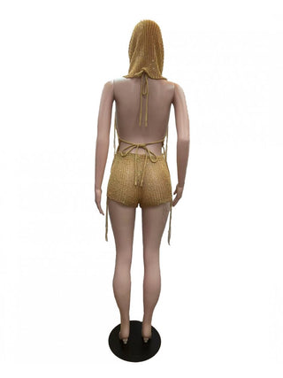 Hollow Out Halter Backless Shorts 3 Piece Sets
