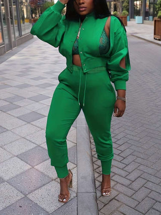 Plain Hollow Out Jackets Pant Sets