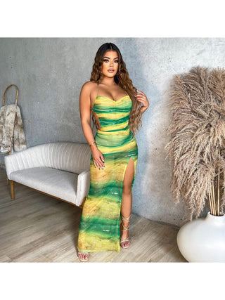 Ruched Colorblock Backless Maxi Dress