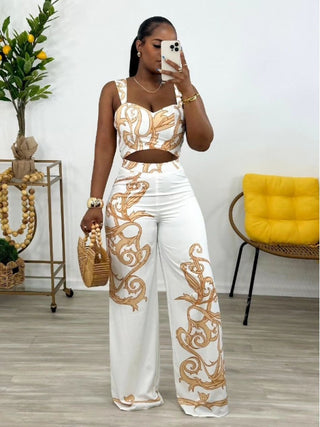 Printed Cropped Tank Wide Leg Pant Sets
