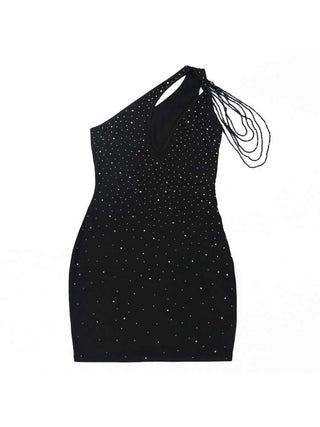 Vestido mini de un solo hombro con cuentas y huecos