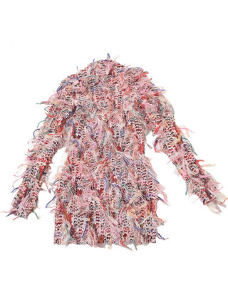Minivestido de manga larga con flecos de colores en contraste