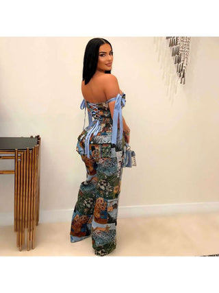 Painting Off Shoulder Tie-wrap Pant Sets