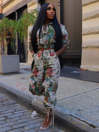Floral Printed Zipper Coats Pant Sets