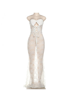 Vestido largo sin tirantes con lazo y encaje transparente