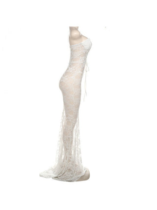 Vestido largo sin tirantes con lazo y encaje transparente