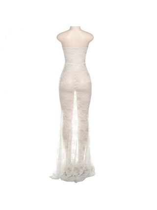 Vestido largo sin tirantes con lazo y encaje transparente
