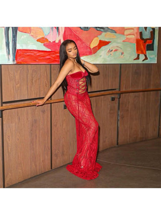 Vestido largo sin tirantes con lazo y encaje transparente