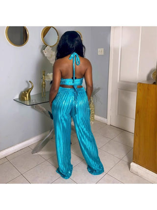 Metal Buckle Tie-wrap Halter Backless Pant Sets