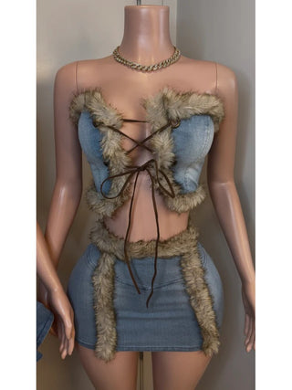 Denim Fluff Tie-wrap Tube Skirt Sets