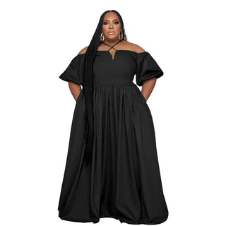Solid Color Sexy Strapless Halter Neck Plus Size Women's Fashion Loose Short Sleeve Dress