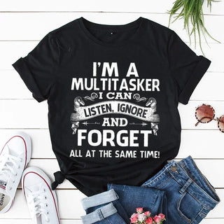 Camiseta con frase "Soy multitarea, puedo escuchar, ignorar y olvidar", divertida y sarcástica, para mujer, estilo hipster, humorístico, ropa Y2K.