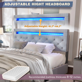 Full/ Queen LED Bed Frame with 4 Storage Drawers and 2 USB Ports, Modern Adjustable Upholstered Button Tufted Headboard Thomas Family Essentials