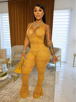 See Through Halter Backless Flared Jumpsuits - Thomas Family Essentials LLC