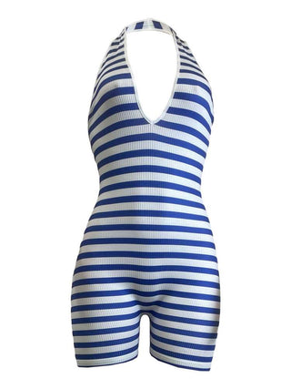 Striped Halter Backless Lace Up Rompers - Thomas Family Essentials LLC