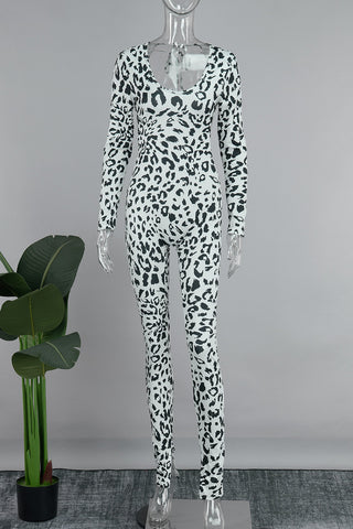 Dark Brown Sexy Leopard Bandage Patchwork Backless U Neck Skinny Jumpsuits