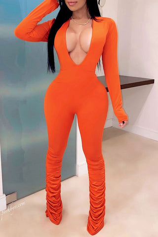 Sexy Solid Patchwork V Neck Skinny Jumpsuits