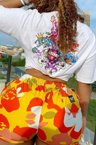 White Casual Print Patchwork O Neck T-Shirts