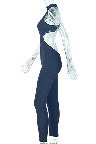 Black Sexy Solid Color Hollow Out O Neck Skinny Jumpsuits