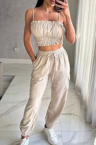 Cream White Sexy Solid Color Draw String Ruched Spaghetti Strap Sleeveless Two Pieces