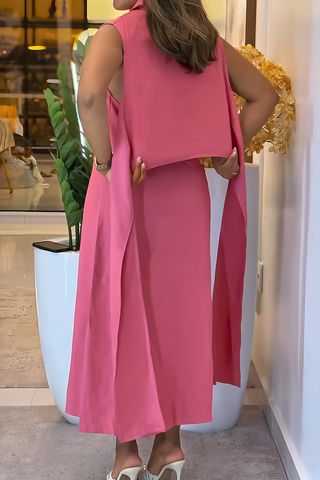 Pink Casual Solid Color Buckle Strap Design Turndown Collar Long Dresses