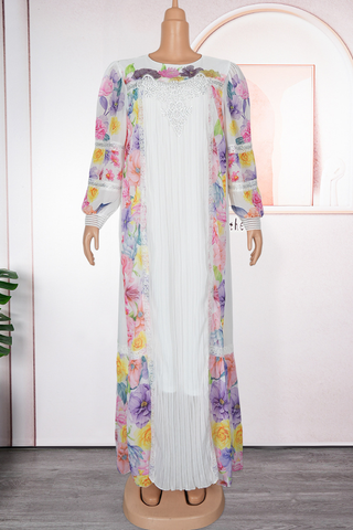 White Casual Print Pleated O Neck Long Dresses