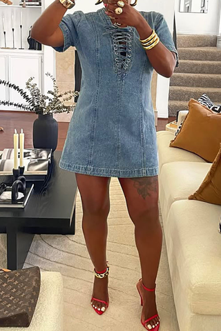 Blue Casual Solid Color Cross Straps O Neck Short Sleeve Straight Denim Dresses