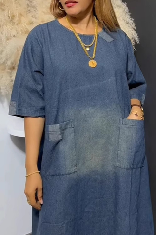 Blue Casual Solid Color Pocket O Neck Half Sleeve Loose Denim Dresses